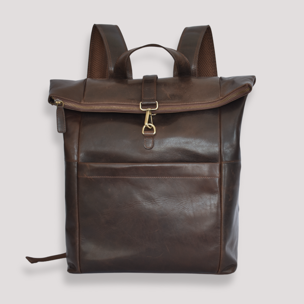 Mochila de Cuero Roll-Top Marrón Oscuro – Para Portátiles – IULIUS